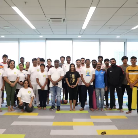 Participants pose after the yoga session